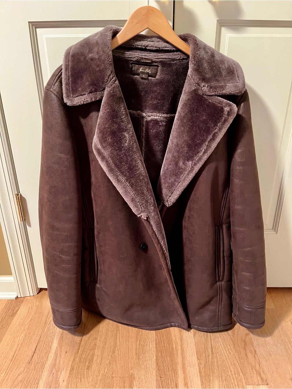 Men's Faux-Shearling Pea Coat in Brown